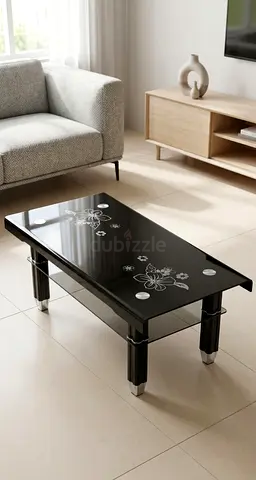 Black Glass Coffee Table with Floral Design — Modern Center Table