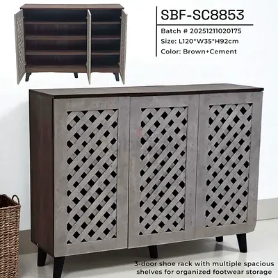 3-Door Shoe Cabinet / Storage Cupboard - Brown  Cement Finish (L120 x W35 x H92cm)