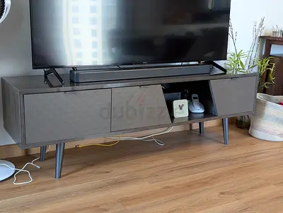 Modern low-profile TV unit / media console in grey wood finish, made in italy