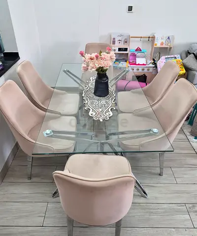 Glass Top Dining Table with 6 Beige and pink Velvet Chairs