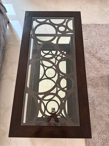 Dark Brown Wood Glass-Top Coffee Table with Decorative Inlay