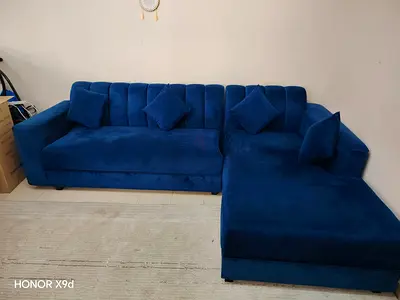 Blue Velvet L-Shaped Sofa with Chaise Lounge