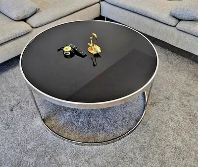 Round Black Glass Coffee Table with Metal Frame