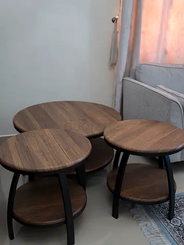Round Wood Coffee Table Set with Lower Shelf - Modern Minimal