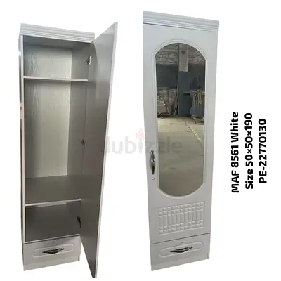 Slim White Wardrobe with Mirror - 50x50x190 cm, 1 Door, Drawer
