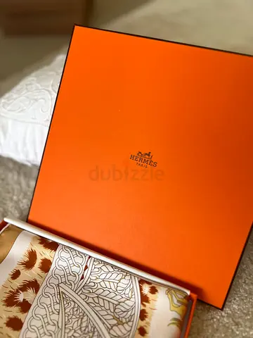Hermes silk scarf in original box — classic brown  cream pattern - NEW 2800 AED