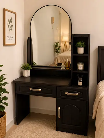 Black Dressing Table with Arched Mirror and Side Shelving