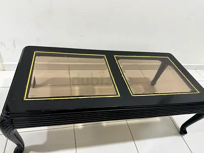 Black Gloss Coffee Table with Glass Insets and Curved Legs