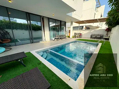 Luxury fully furnished villa for annual rent in Ajmal Makan - Al Hamriya, Sharjah, 5 master bedrooms, 7 bathrooms, private pool + garden, BBQ, luxury.