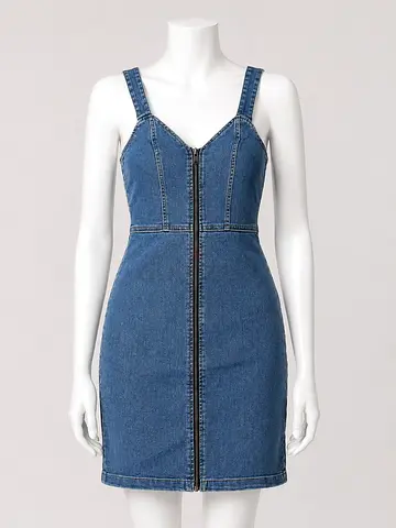 Blue denim zip-front fitted mini dress