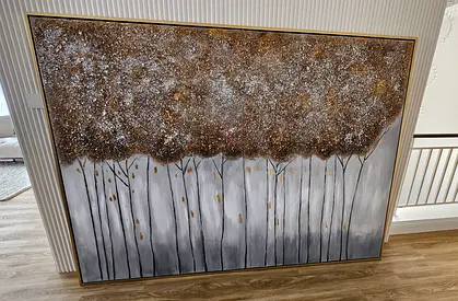 Large Framed Abstract Tree Landscape Painting - Gold  Silver Textured