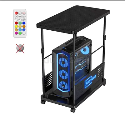 Adjustable Rolling PC Case Cart with RGB Fan Shelf and Remote