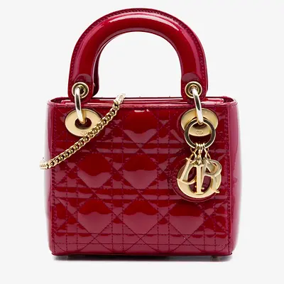 Christian Dior Mini Lady Dior Cherry Red Patent Calfskin Leather Top Handle Bag