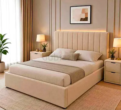 Beige Upholstered Double Bed with Padded Headboard