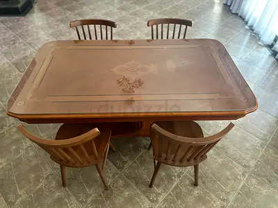 Elegant Vintage Dining Table Set with 4 Chairs – Solid Wood Glass Top