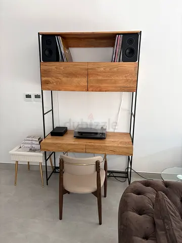 Compact wooden shelving desk with metal frame — built-in storage and speaker space