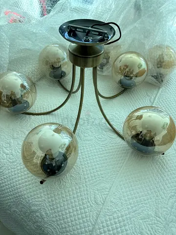 5-Arm Ceiling Light Fixture with Amber Glass Globes - Good Condition