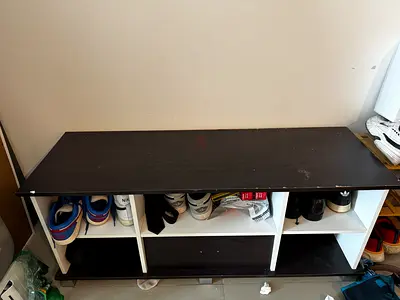 Wooden Shoe Storage Bench with Open Compartments - Dark Top, White Dividers