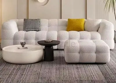 Modern White Tufted 3-Seater Sofa with Ottoman