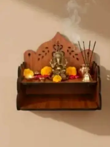 Handcrafted Wooden Wall Pooja Shelf / Temple with Carved Back Panel