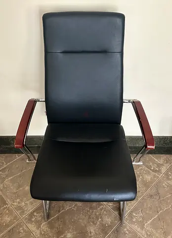 Black Leather Office Chair with Wooden Armrests