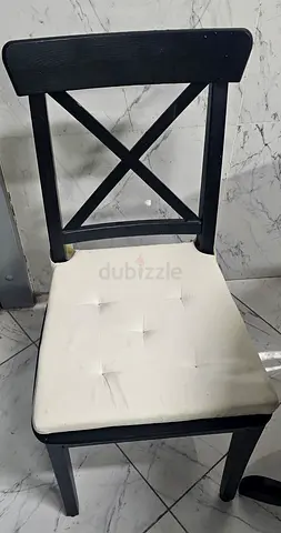 Used Black Wooden Dining Chair with Cream Cushion