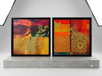 Pair of Framed Abstract Geometric Prints in Warm Tones