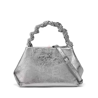 Ginni brand Silver leather womens handbag with braided handle and shoulder strap