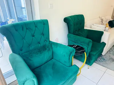 Pair of Emerald Green Velvet Armchairs with High Back
