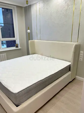 Upholstered queen Bed with Headboard and Mattress - Cream
