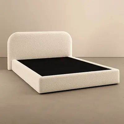 Cream upholstered platform bed frame with curved headboard (Queen) - good condition