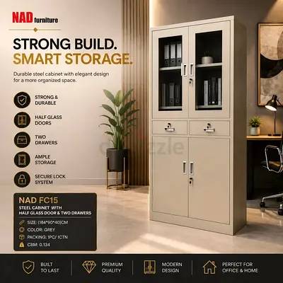 NAD Steel Storage Cabinet with Half Glass Doors  Drawers