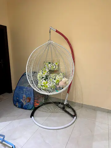 White hanging egg chair with cushions and stand - gently used