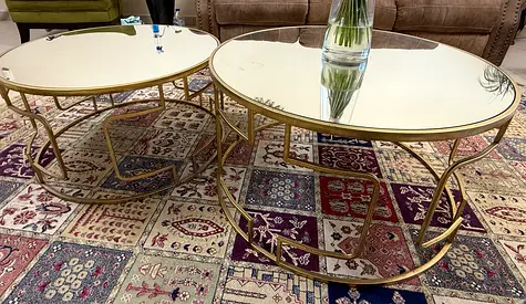 Pair of Gold Mirrored Glass Coffee Tables - Oval Nesting Set