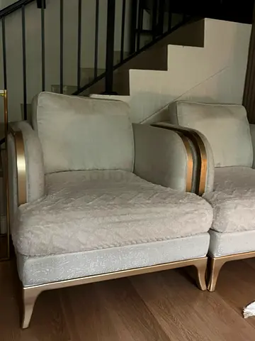 3 seater + 1 seater + 1 seater cream upholstered armchairs with gold trim - good condition