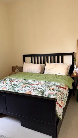 Solid wood black double bed frame with headboard and footboard