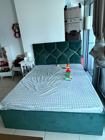 Queen bed with upholstered headboard - good condition