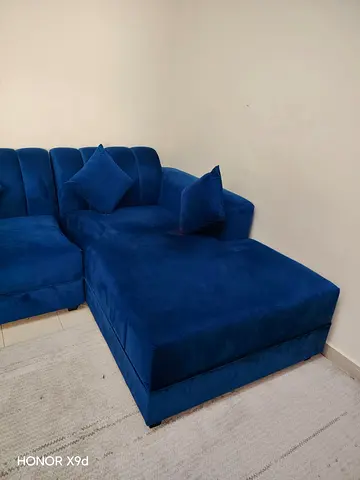 Blue Velvet L-Shaped Sofa with Chaise Lounge