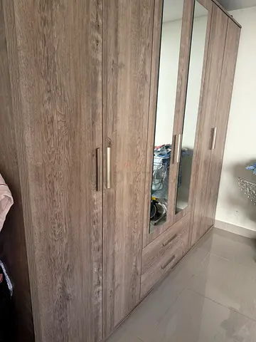 Large 6-Door Wardrobe with Mirror - Light Wood Finish