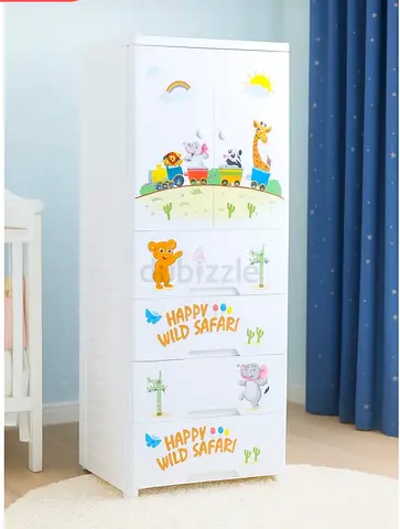 White Kids Dresser with Safari Decals - 5 Drawer Nursery Chest