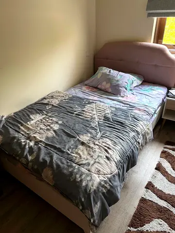 Single bed with upholstered headboard and bedside table - good condition