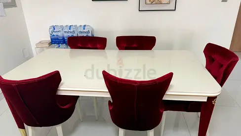 Modern Off-White Dining Table with 5 Red Velvet Chairs