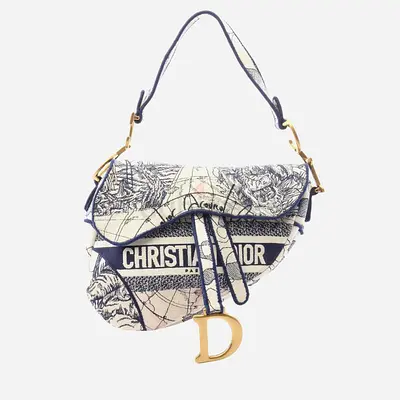 Dior Saddle Around the World Embroidered Medium Blue Multicolor Canvas Shoulder Bag