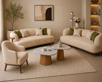 Beige Curved Sofa Set with Armchair and Coffee Tables - Modern Living Room Set