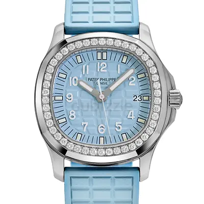 Patek Philippe Ladies Aquanaut Stainless Steel Diamond Bezel Light Blue Watch