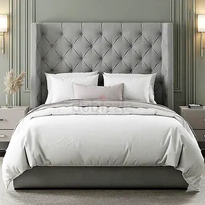 Grey Tufted Wingback Bed Frame with High Headboard