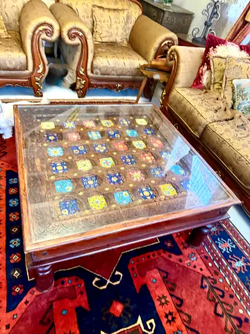 Solid Wood Coffee Table with Inlaid Tile Top and Glass (Vintage)