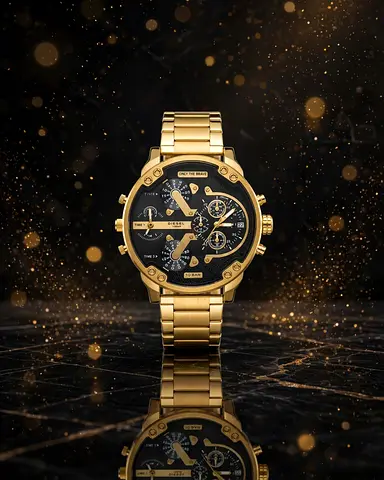 Gold Mens Chronograph Watch - Large Dial, Stainless Steel Bracelet