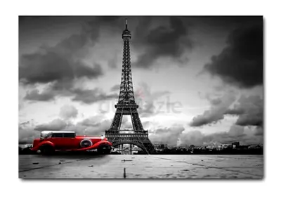 Black  White Eiffel Tower Canvas Print with Red Vintage Car Accent (60 x 40)