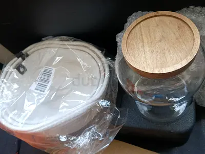 Glass Jar with Wooden Lid and Cotton Rope Basket